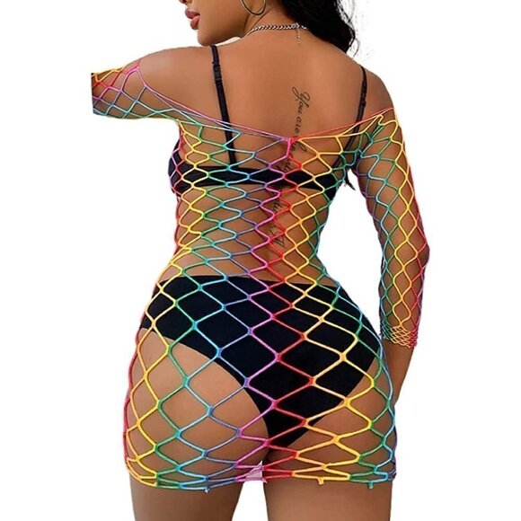 𝅺🌈 Rainbow Fishnet Stockings Mesh Lingerie Bodysuit BDSM Bondage Cosplay NWT - Picture 6 of 6